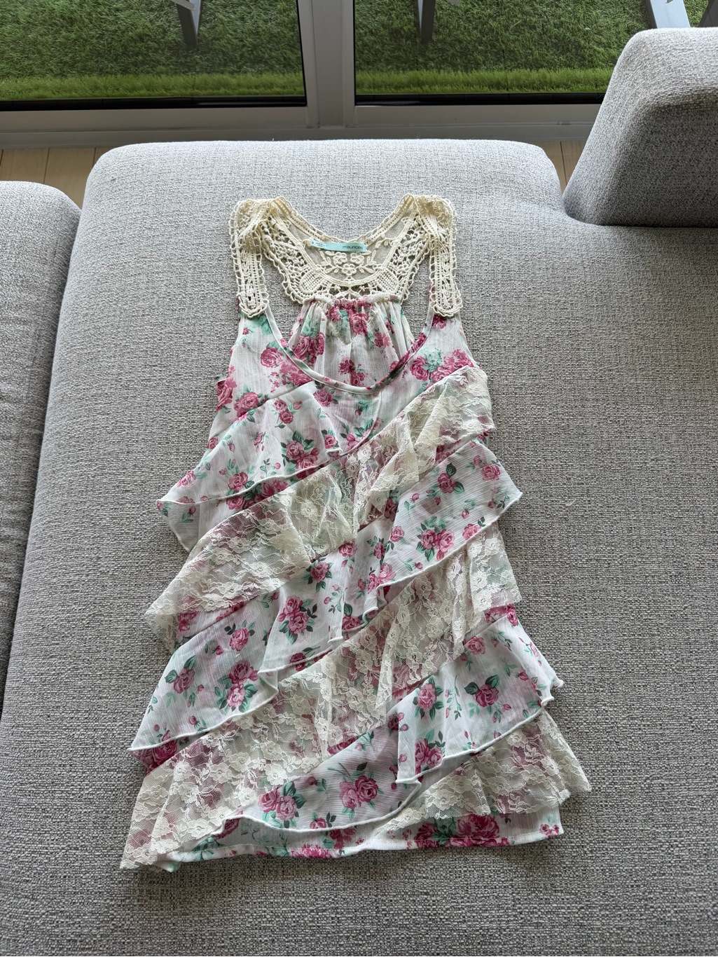 Maurices Cream Crochet Yoke Floral Ruffle Tank With Pink Roses